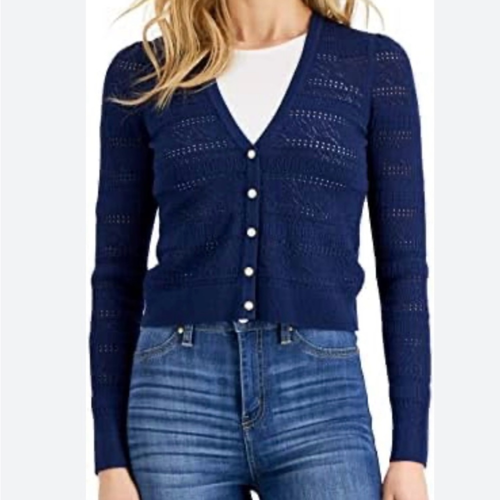 Navy blue Charter Club size XS mixed stitch button front cardigan NWT
